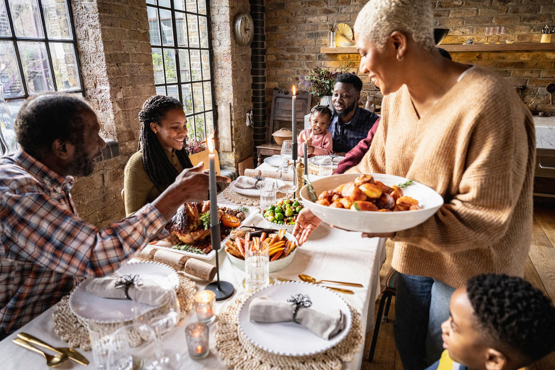 Holiday dinner scene with a family gathering
