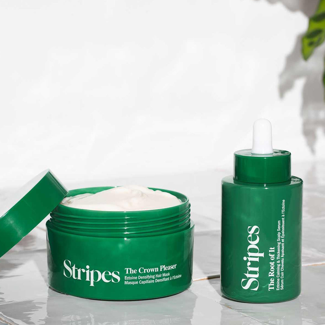 Green skincare product set with 'Stripes' branding on a white background