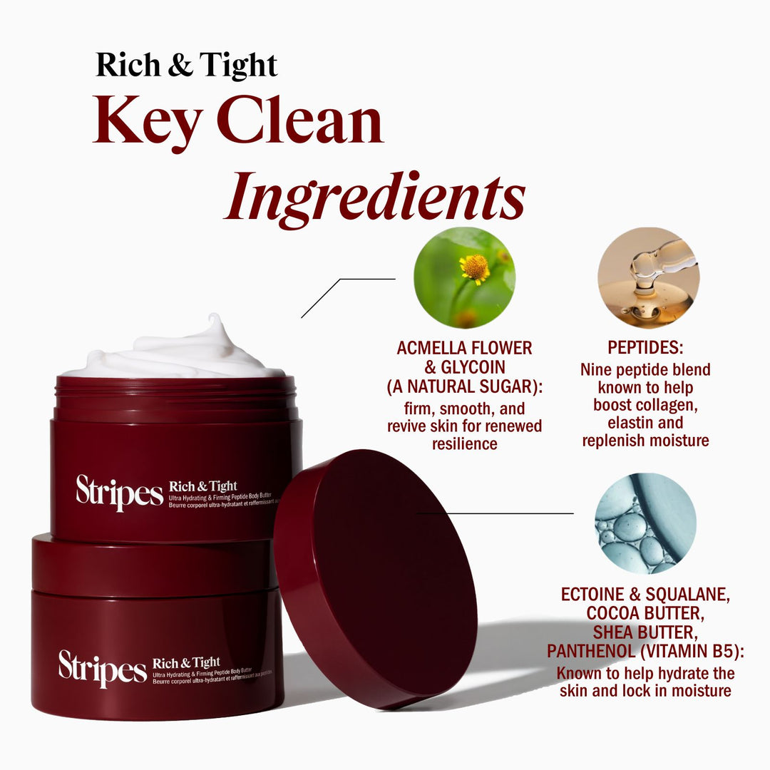 Two jars of Stripes Rich & Tight cream with ingredient highlights including Acmella flower, peptides, and hydrating botanicals