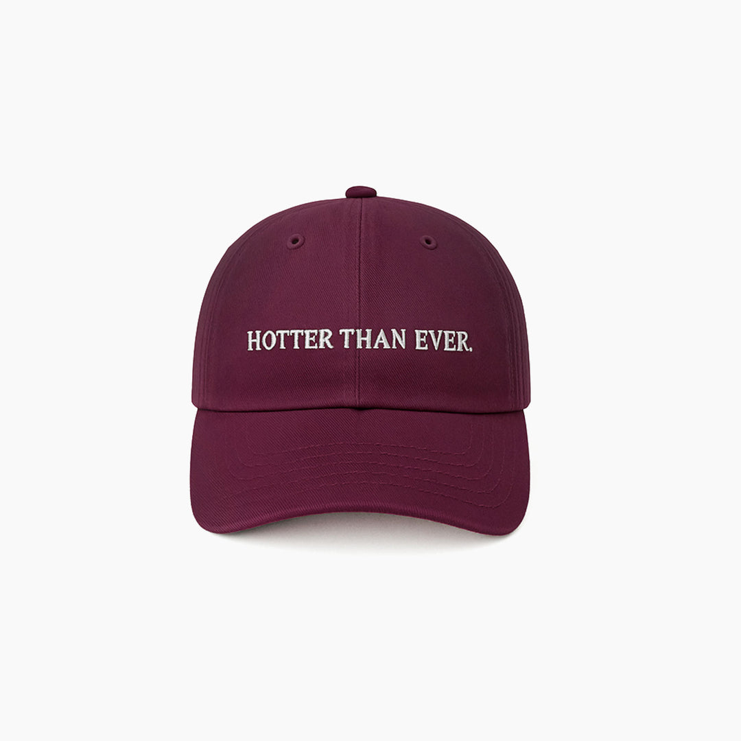Maroon cap with 'HOTTER THAN EVER' text on a white background