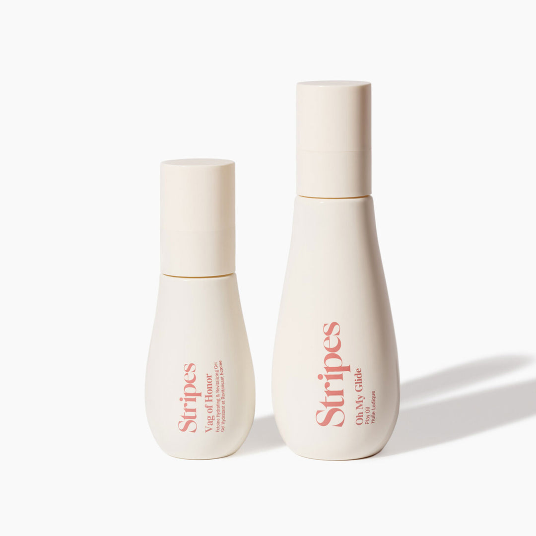 Vag of Honor and Oh My Gide bottles labeled 'Stripes Beauty' on a white background